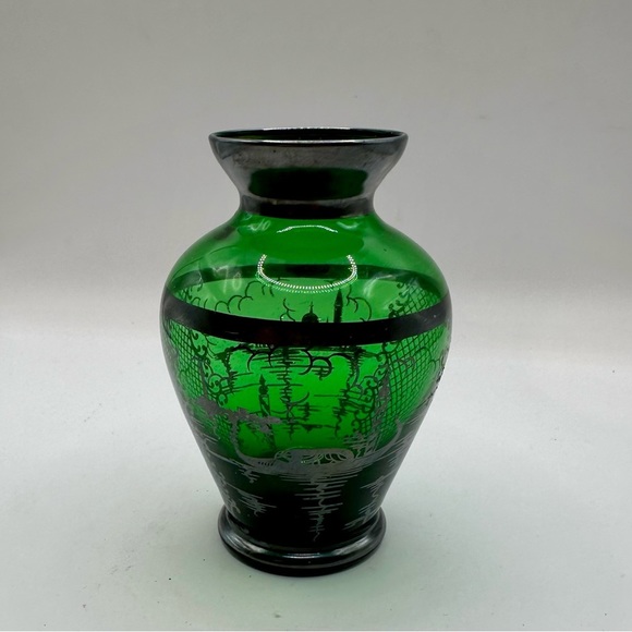SOLD Green Glass Vase Silver Overlay Hand Painted Venice Scape 4 1/4”H - Picture 6 of 6